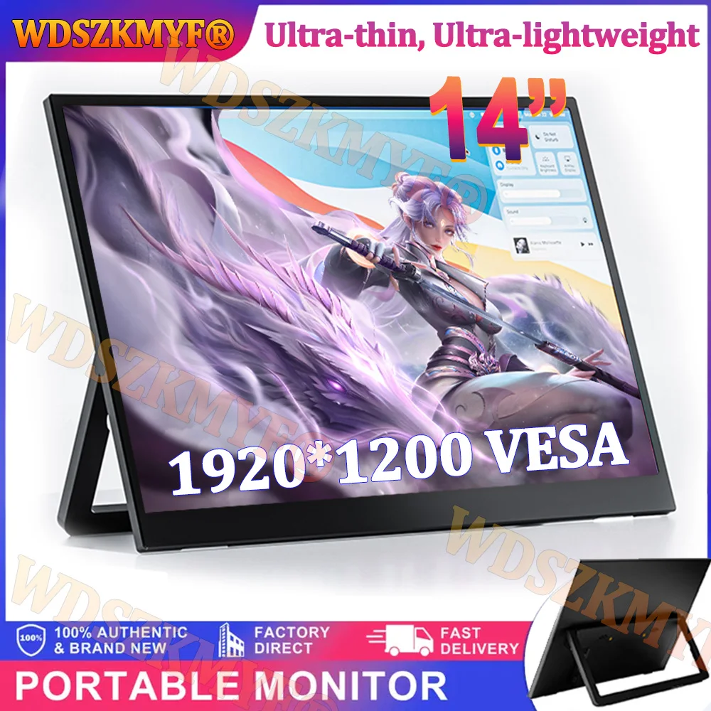 

14-дюймовый портативный монитор IPS-панель USB-C 1080P FHD MINI-HDMI 60 Гц, совместимый дорожный дисплей для ПК, ноутбука, Xbox Switch