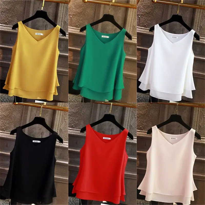 Blusa feminina sem mangas de chiffon, top com decote em v, camisa casual extragrande, top feminino solto, marca de moda, 5XL, verão, 2024