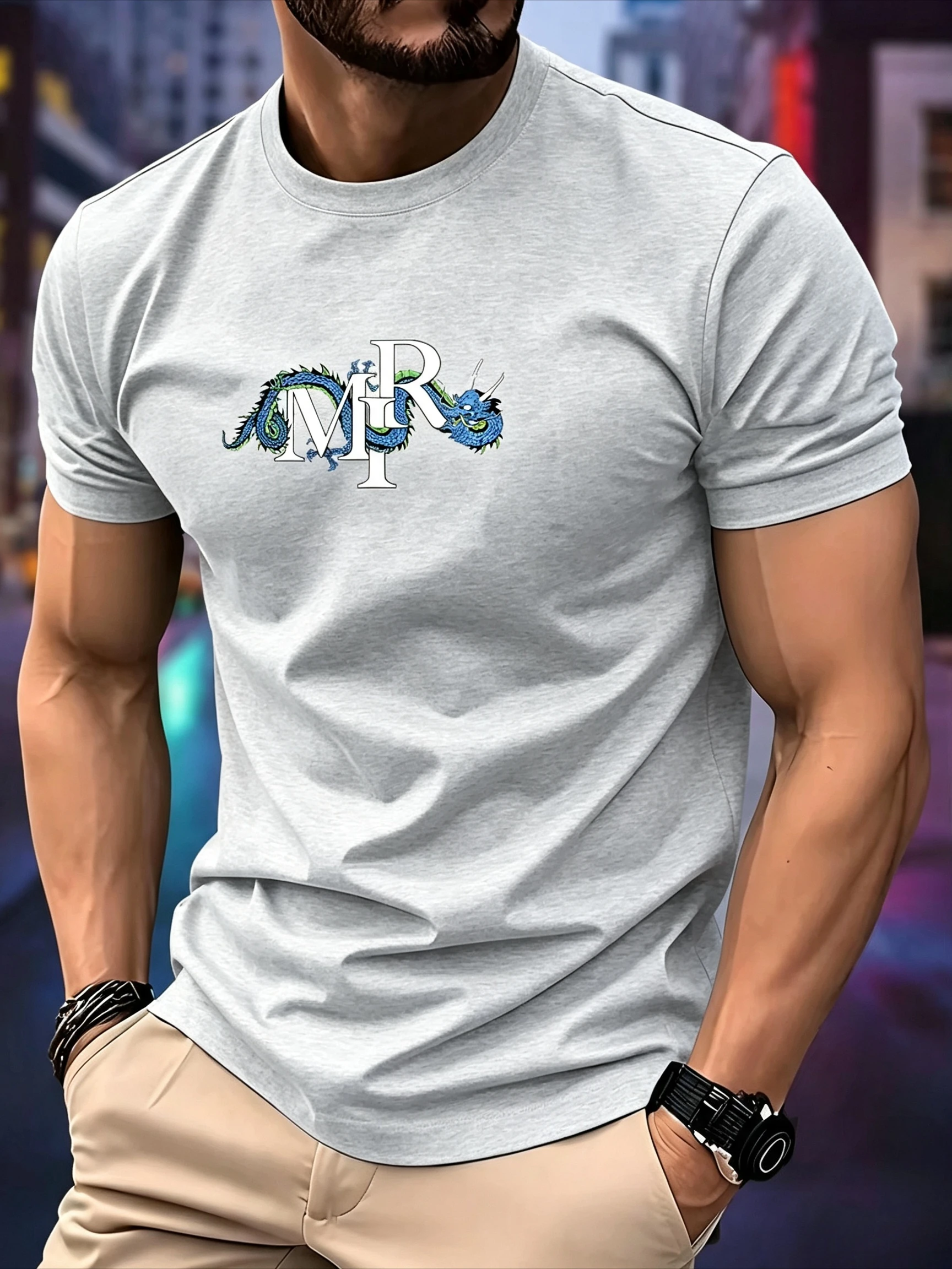 New Round Neck Running T-shirt Men Women Summer Thin Top Blue Dragon Print Quick Dry Short Sleeve Breathable Fitness Sports Wear