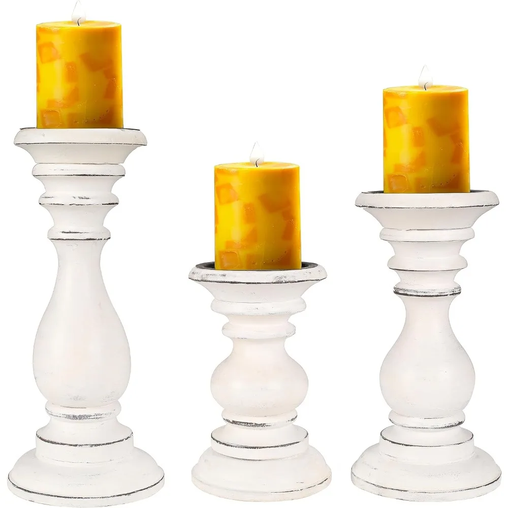 

Rustic Candle Holder Set of 3 – 10", 8", 6" – White Antique Finish Wooden Pillar Stands for Wedding,