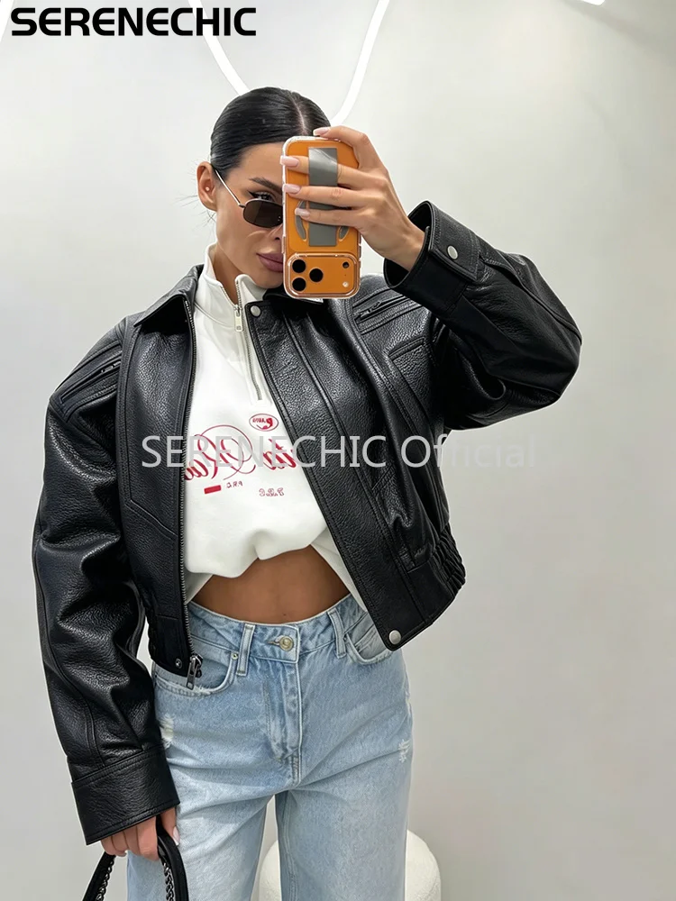 SERENECHIC Textured PU Aviator Coat with Elastic Hem Women's Black Cropped Faux Leather Jacket New Vintage Outerwear Female
