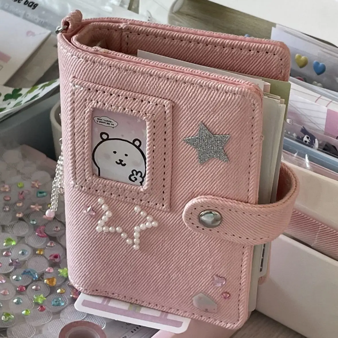 Mini Diario Flexi M5 de Mezclilla Rosa con Ventana, Cuaderno Portátil DIY con Páginas Extraíbles, Estilo Retro