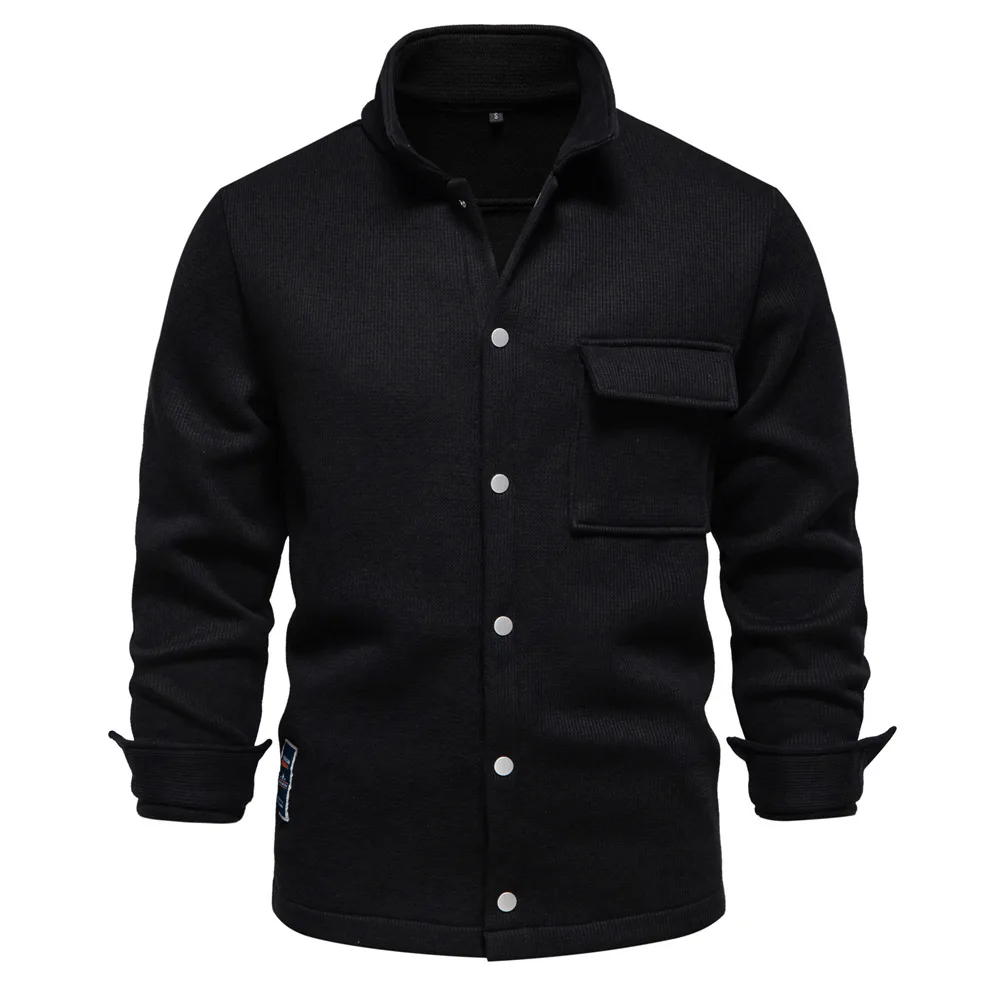 Autumn Winter Fleece Waffle Lapel Zip-Up Jacket Men's Pocket Casual Outerwear