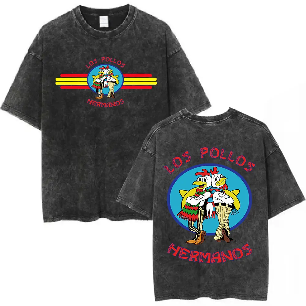 TV Series Breaking Bad Vintage Washed T-shirts Los Pollos Hermanos Chicken Brothers T Shirt Men Women 100% Cotton Casual T-shirt