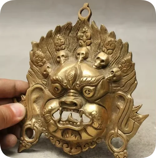 Tibet Buddhism Copper Brass Vajra Mahakala Buddha Head Mask Statue Wall Hanging