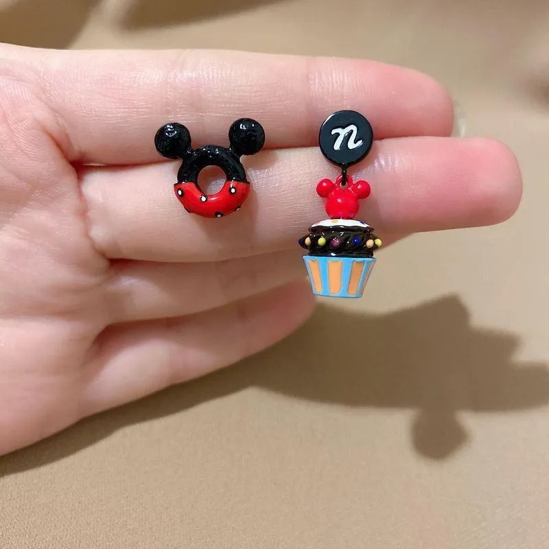 Disney animation Mickey Minnie small cake earrings simple fashion cartoon trend asymmetric creative earrings jewelry wholesale