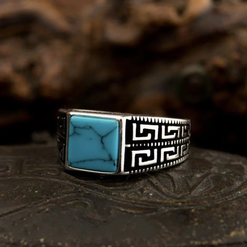 

European and American new simple and fashionable square blue turquoise men's striped personalized ring