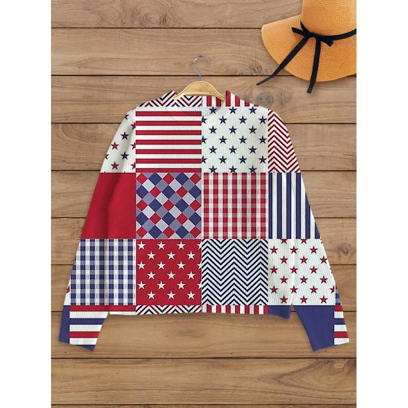 

American Vintage Patchwork Flag Digital Print Women’s Sweater Knit Pullover Thick Loose Crew Neck Long Sleeve Autumn Winter