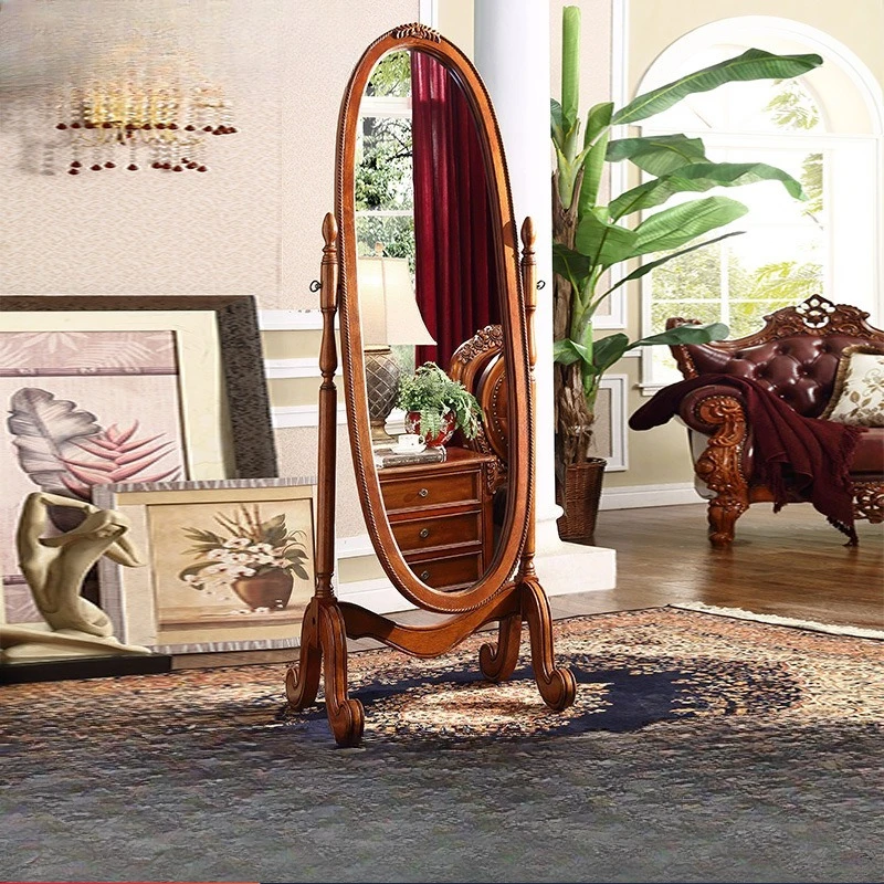 American retro full-length mirror European wall rotatable floor  full-length mirror fitting solid wood
