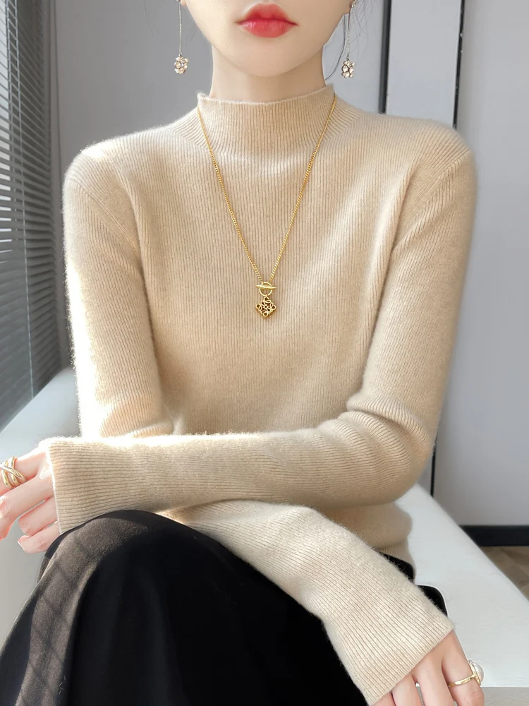 Suéteres negros con cuello simulado, suéter tejido para mujer, jerséis nuevos, prendas de punto ajustadas de manga larga, suéter de punto, jersey, Tops para mujer Q2224