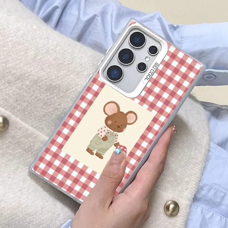 

For Samsung Galaxy S25 S22 Ultra Plus S21 FE S24 S23 Ultra Plus FE Laser Phone Case Checkered Grid Cute Animals Pattern Covers