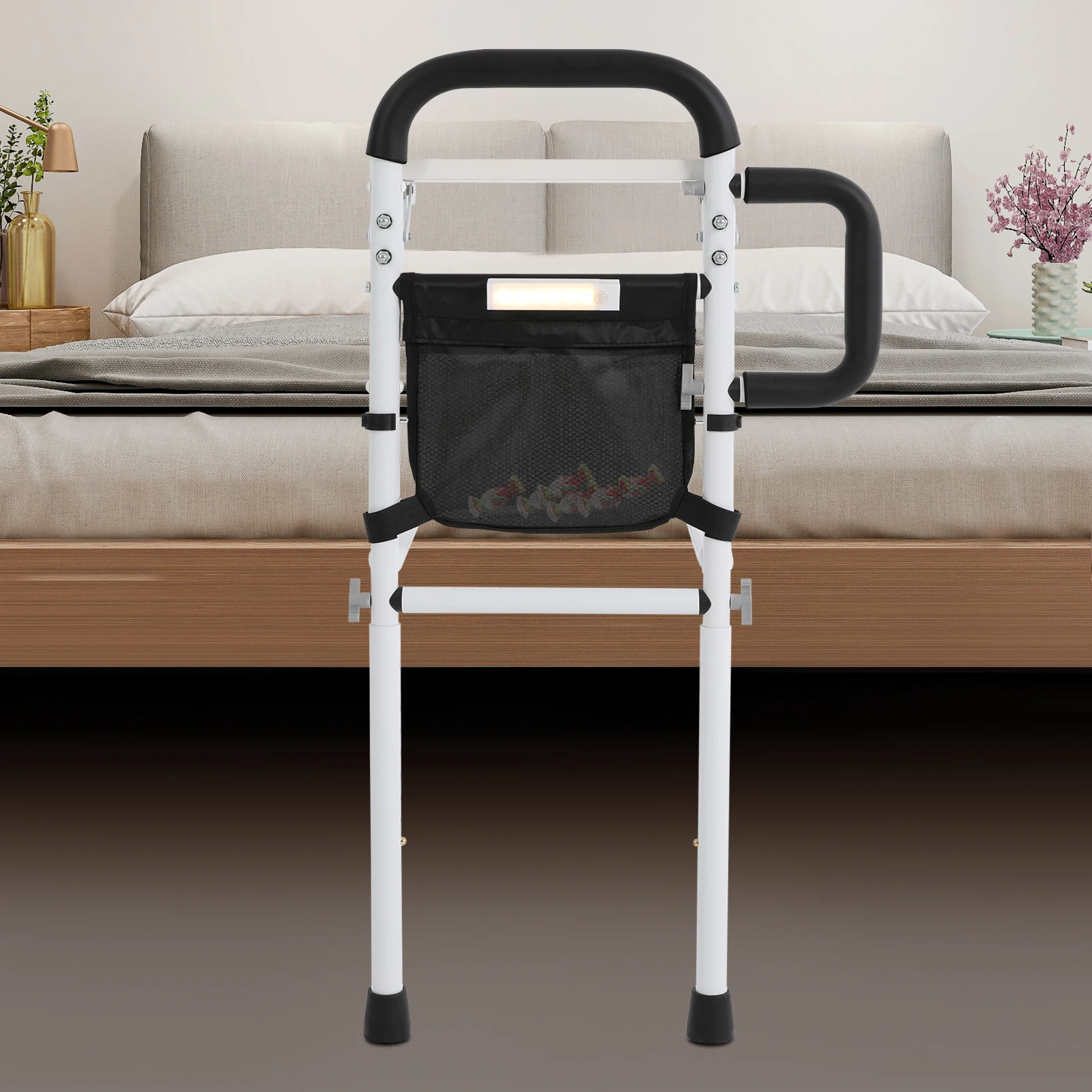 Black Carbon Steel Bedside Double Handrails with Folding Table Board Lifting Anti-skid Auxiliary Guardrail