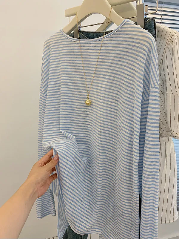 

plus Size Women's Summer Air Conditioner Shirt Sun Protection Lightweight Long Sleeve T-Shirt Korean Style Loose Fit Striped