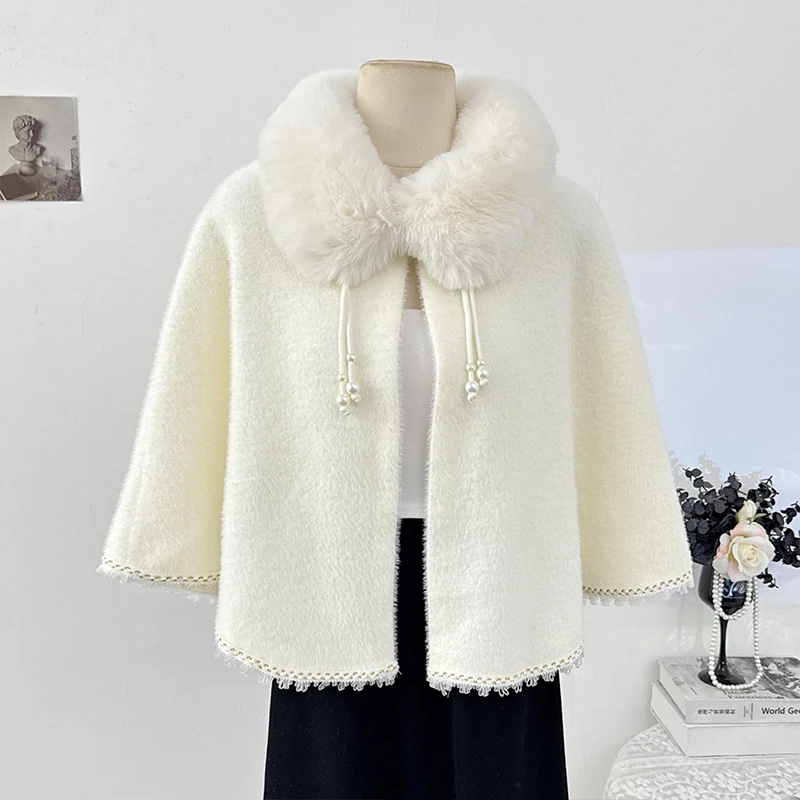 

Плюшевая накидка с лацканами, женская осень 2021, шаль на шнуровке с пряжкой в иностранном стиле и бусинами для ногтей