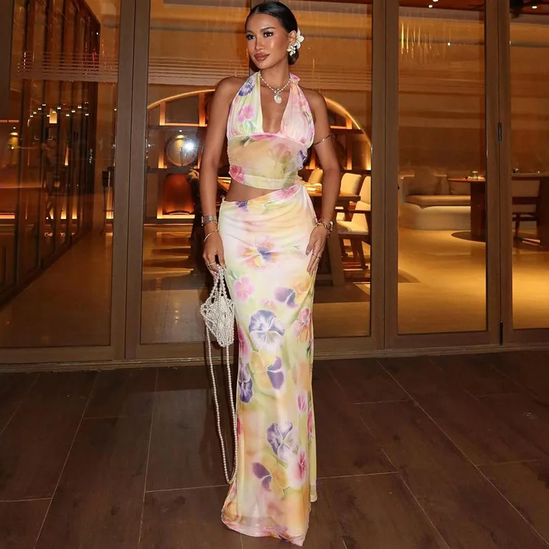 

Autumn New Style Women's Sexy Printed Halter Neck Camisole Slim Mesh Skirt Set Bodycon