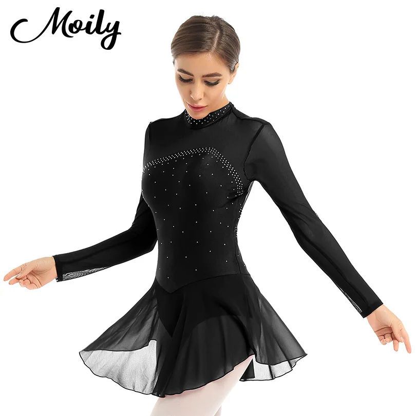 

Adults Figure Skating Dress Clothes Mesh Long Sleeves Ballet Dress Ice Skating Dress Gymnastics Leotard Women Dancewear Costumes