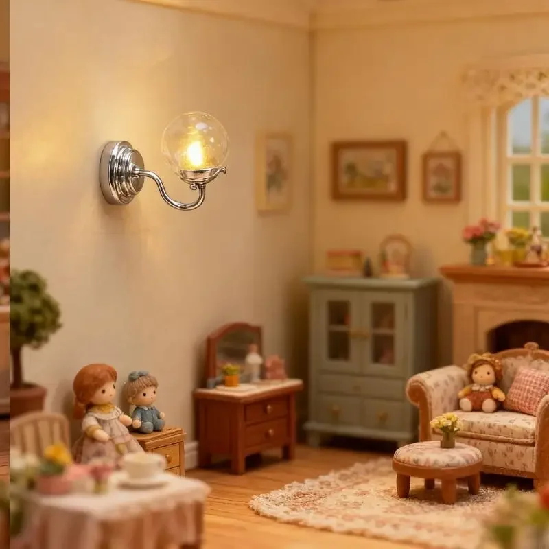 Modelo lâmpada parede moderna, estatueta vidro transparente, moldura metal preta, iluminação miniatura, escala