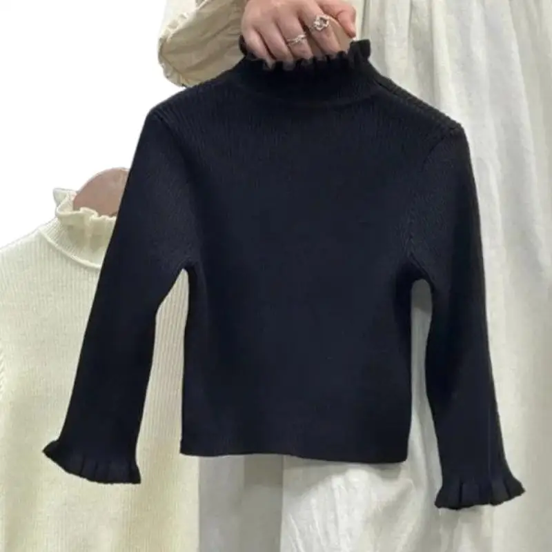 Girls Winter Warm Sweater Solid Color Versatile Ruffle Collar Half High Neck Thickened Knit Top for Autumn Cold Weather Fashion