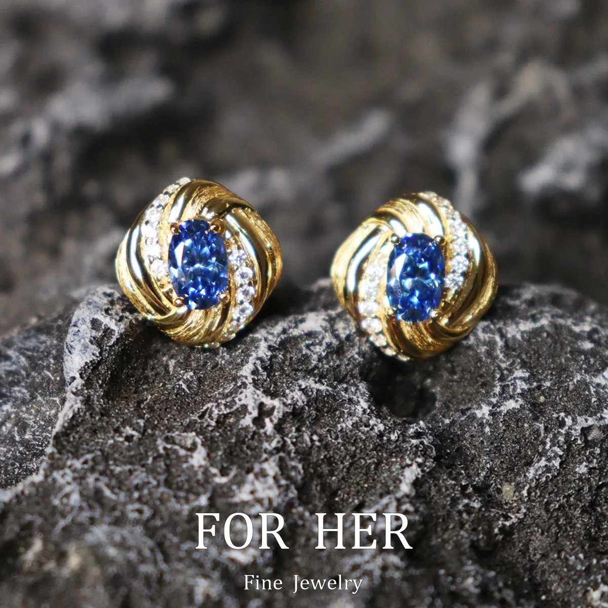 

ForHer Jewel 925 Sterling Silver Lab Grown Sapphire Earrings in Yellow Gold Set with Diamonds For Women Fine Jewelry Gift