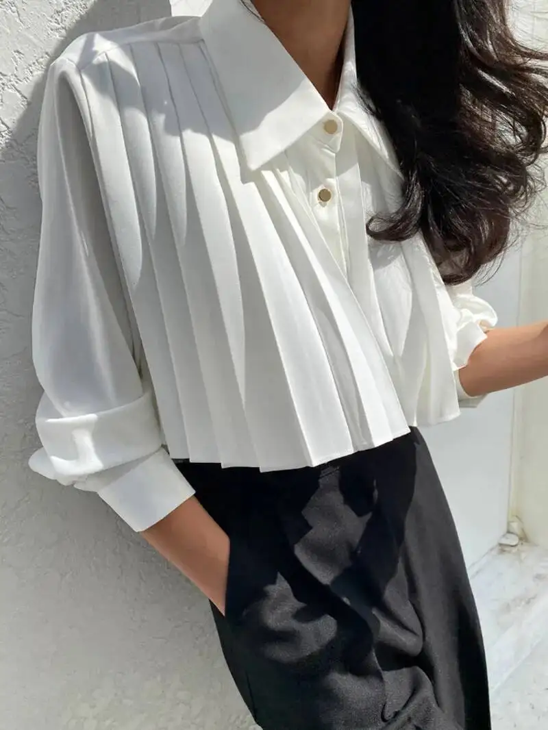 

Pleated Women Korean High Waist Top Heavy Industry Button Up Designer Collared Long Sleeve Shirt Fashion Tops White Blouse M7AW