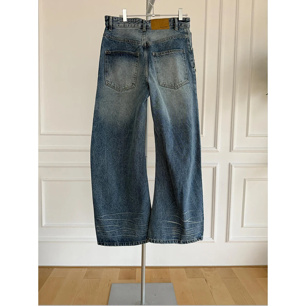 Pantaloni in denim da donna retrò americani Jeans a gamba larga sfilacciati a vita alta Pantaloni casual traspiranti larghi versatili per il tempo libero
