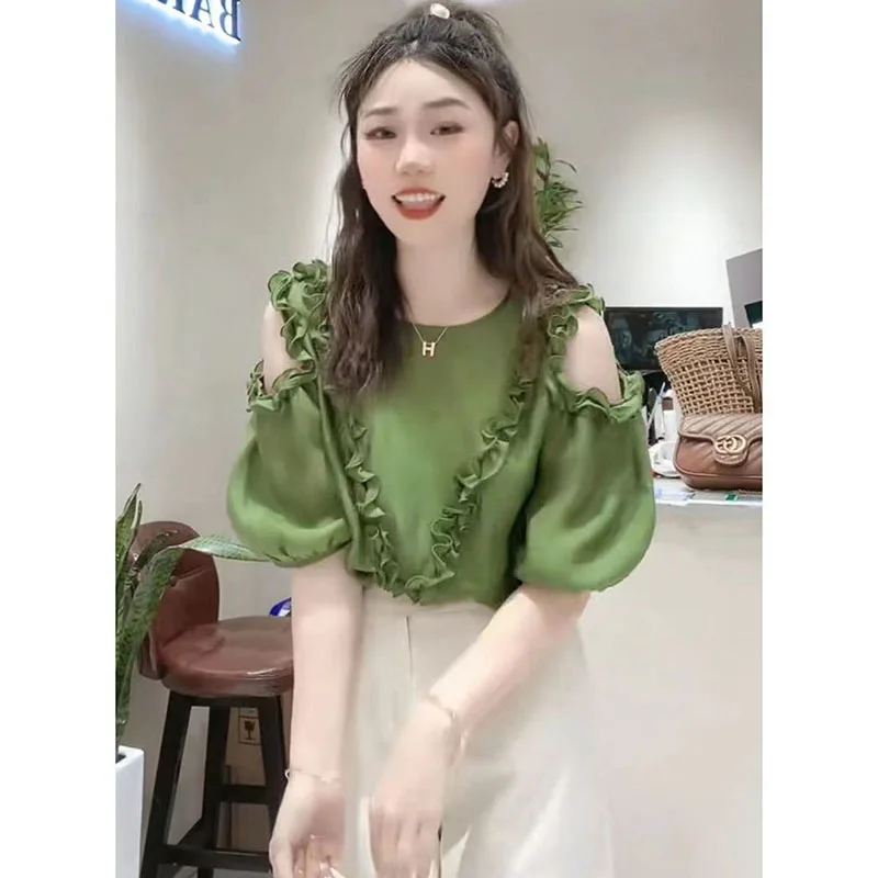 Fashion O-Neck Spliced Ruffles Hollow Out Off Shoulder Blouse Women's Clothing 2023 Summer New Casual Pullovers Sweet Shirt