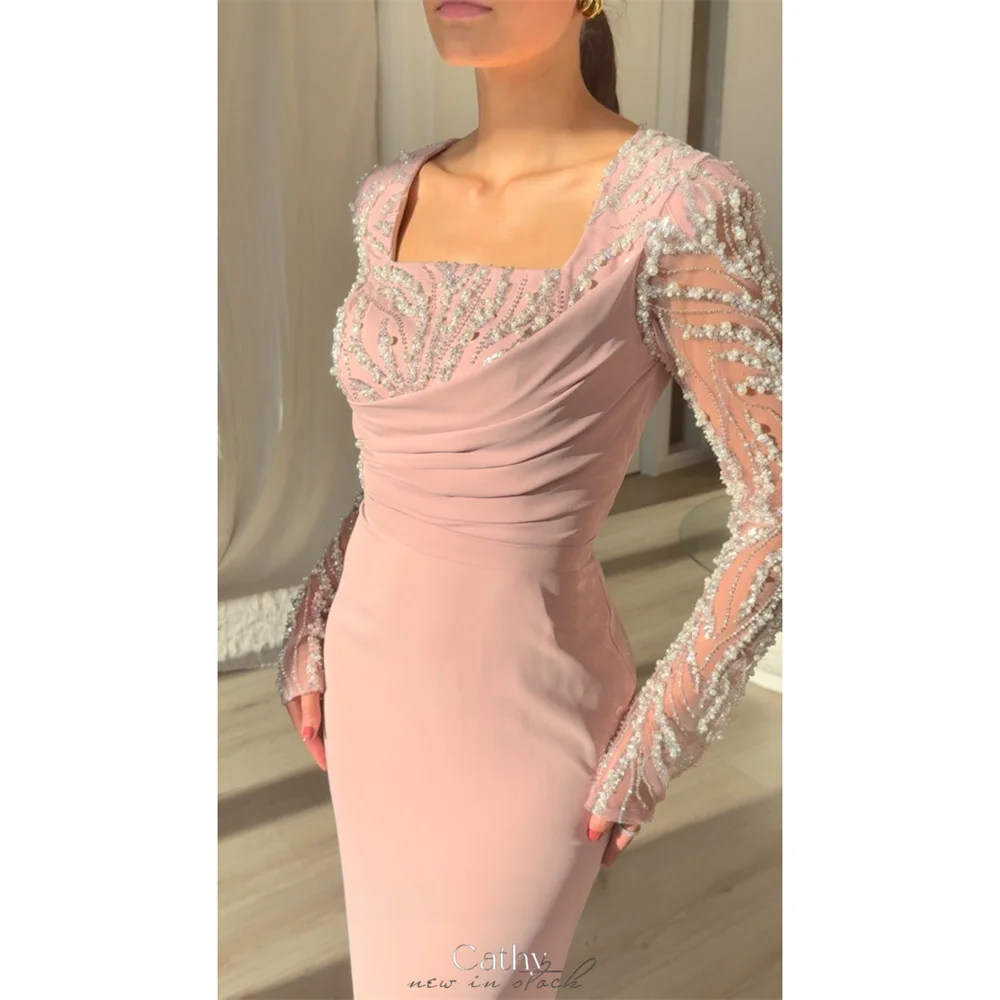 Cathy Aangepaste Lichtroze Kralen Kant Prom Dress Vierkante Hals Lange Mouwen vestidos de noiva Vloerlengte Avondjurken 2025