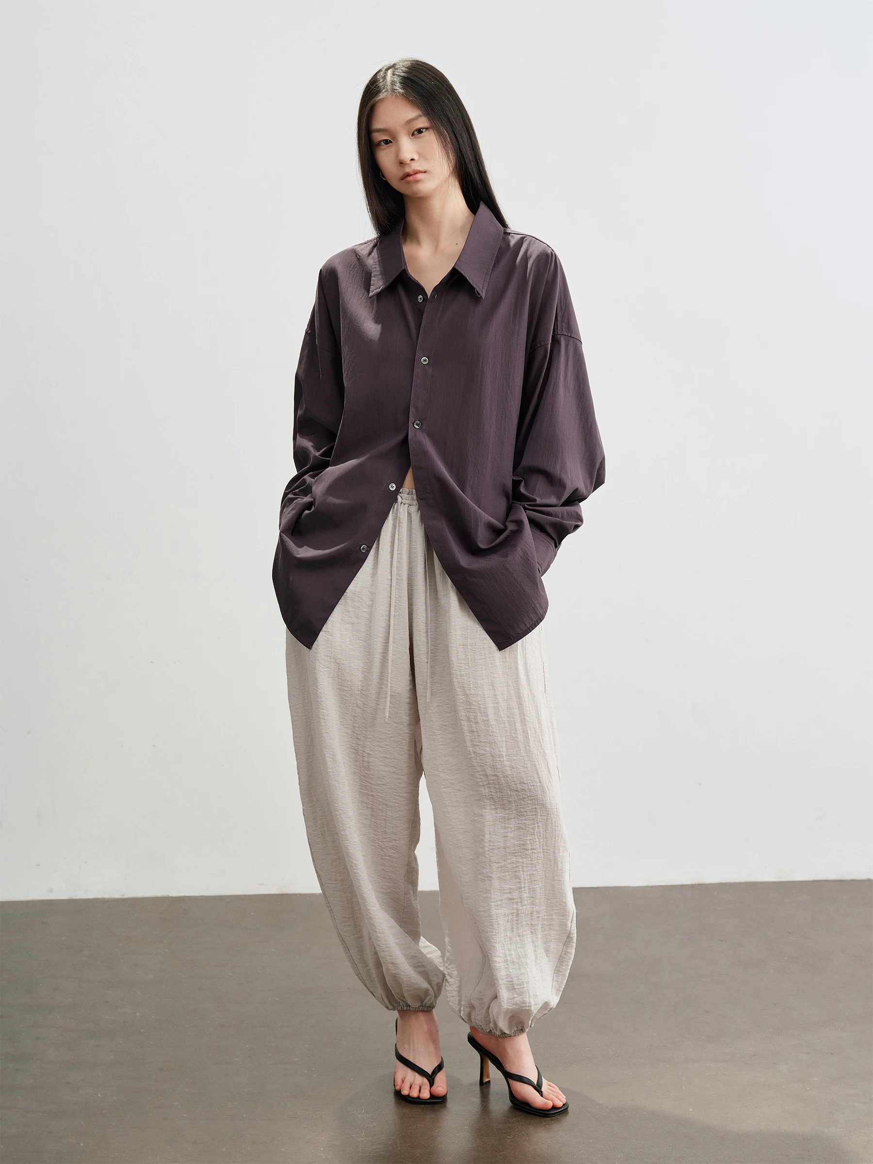 SHKUCO Lyocell Cotton Blend Loose Fit Semi-Transparent Long Sleeve Shirt Breathable Turtle Back Silhouette Women's Casual Shirt