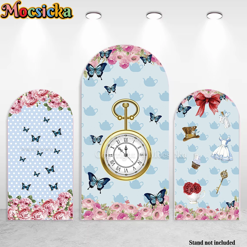 Mocsicka Alice Girl Tea Party Arch Background Blue Butterfly Floral Alarm Clock Backdrop Kids Birthday Party Photograohy Studio