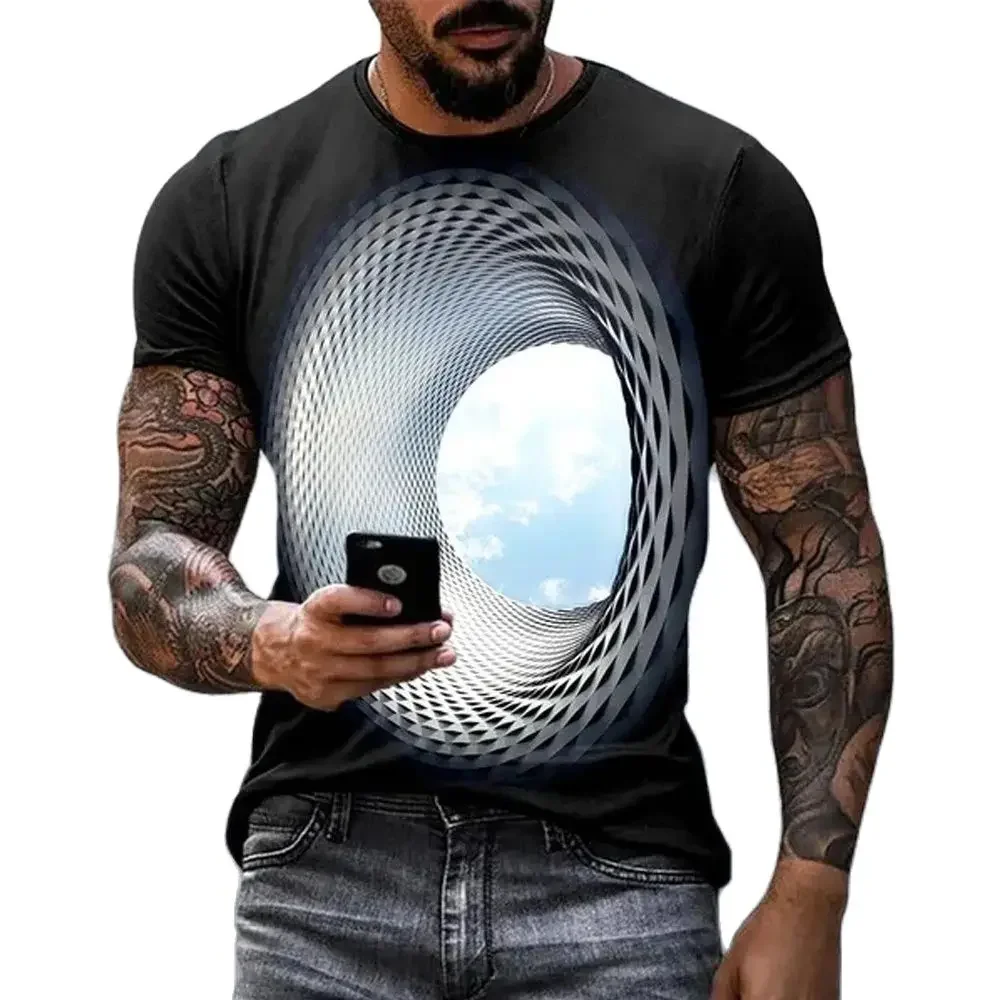 Men's fun sky print T-shirt, casual loose fit, full of personality, 3D swirl pattern, crew neck, great value!
