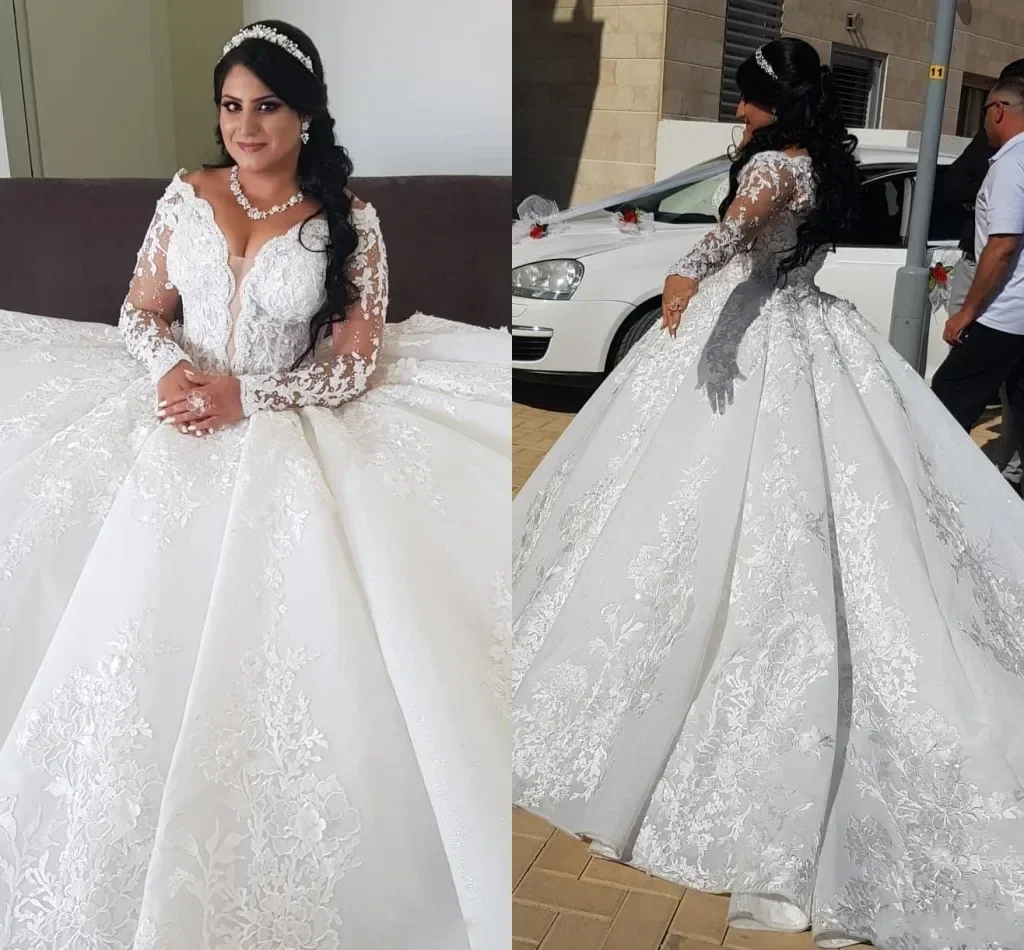 Vestido De novia personalizado con apliques De encaje y cuello en V, vestidos De novia De manga larga, vestido De ceremonia De princesa para novia