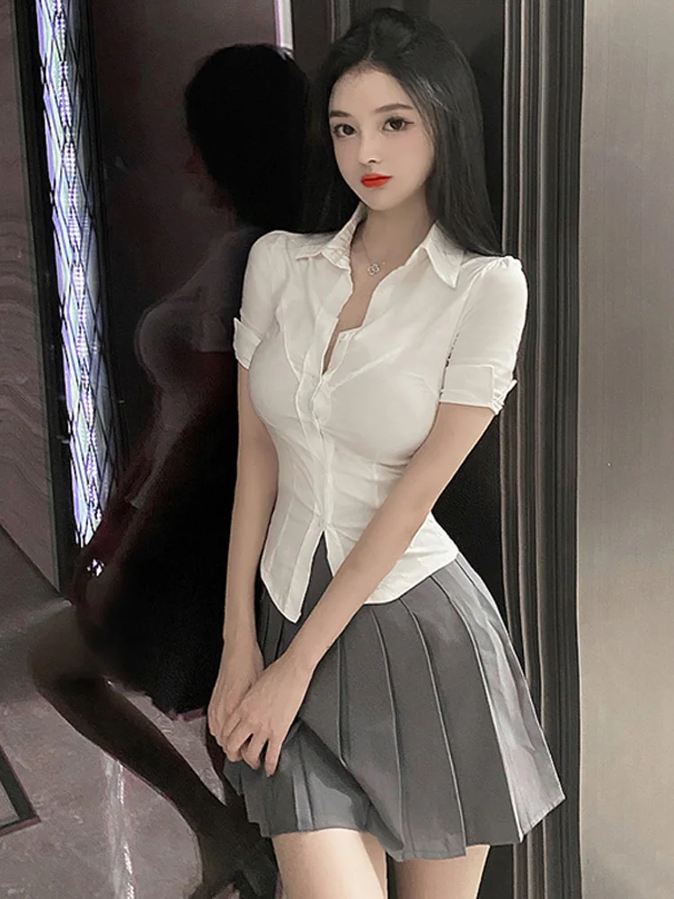 

V-Neck Slim Fit Shirt And High Waist Pleated Short Skirt Two-Piece Set Women's Fashion Summer Outfit Chest Enhancing Waist Ci...