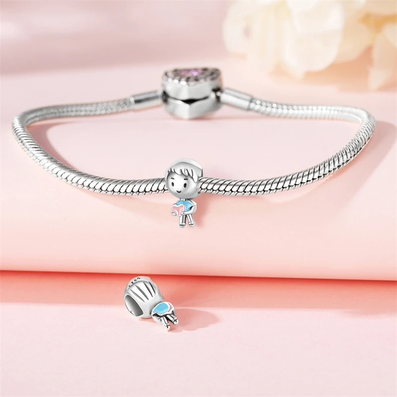 100% S925 Sterling Silver Boy Hold Love Beads Fit Original Pandora Charms Bracelet Diy Jewelry Women Girls Evening Gifts