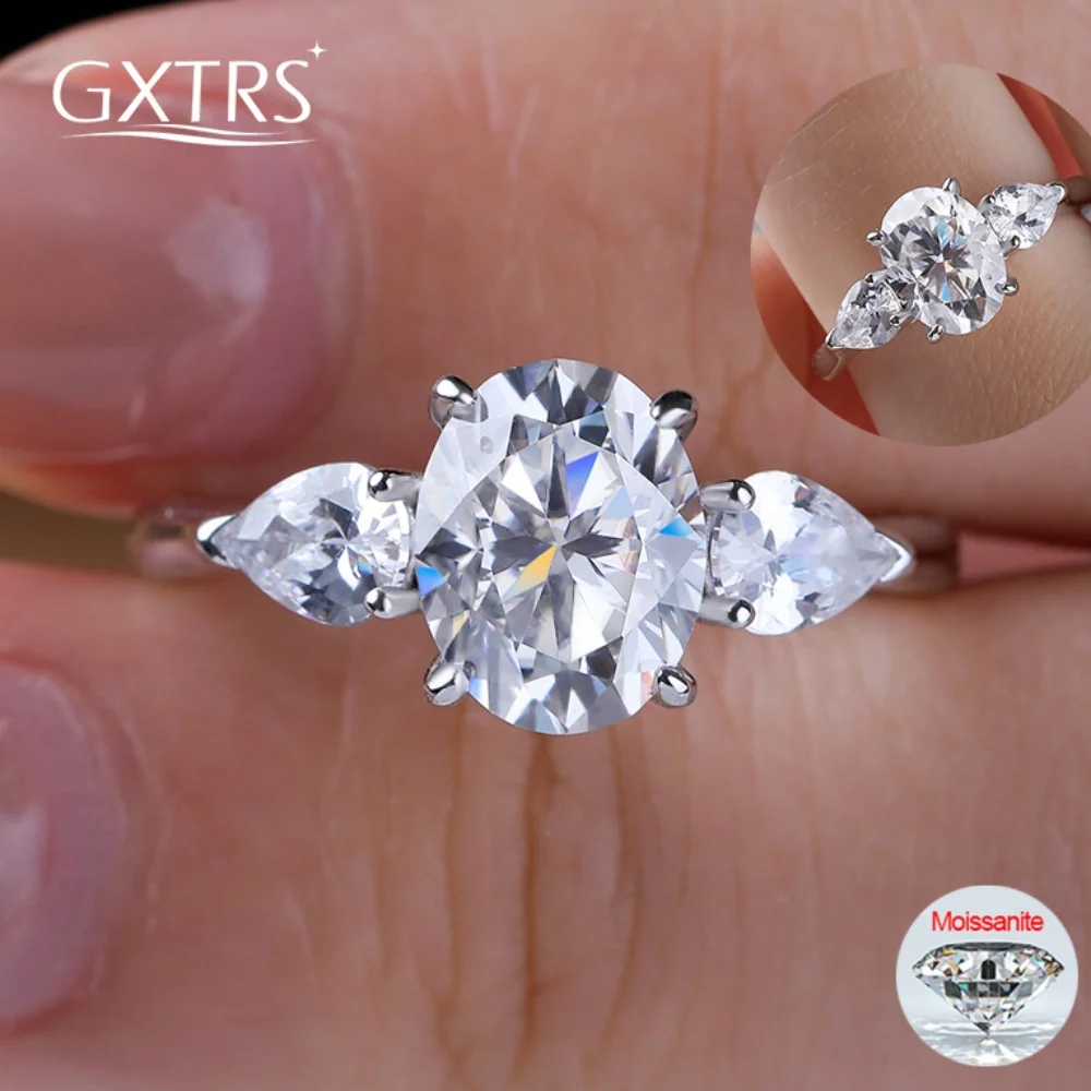 

GXTRS 2CT Oval Cut Moissanite Rings For Women S925 Silver 3 Stones Promise Wedding Band 18K Plated Jewelry No Fade GRA Certified