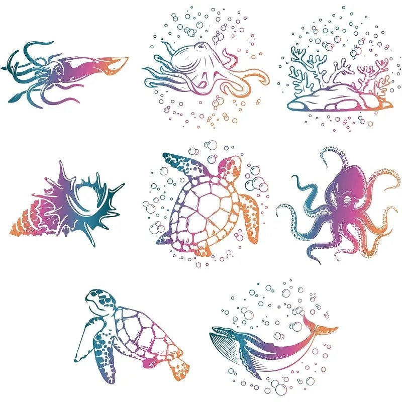 8Pcs 8 Styles 6.3 Inch Sea Animals Window Decals Turtle Octopus Conch Whale Pattern Static Glass Sticker Clings Vinyl Film