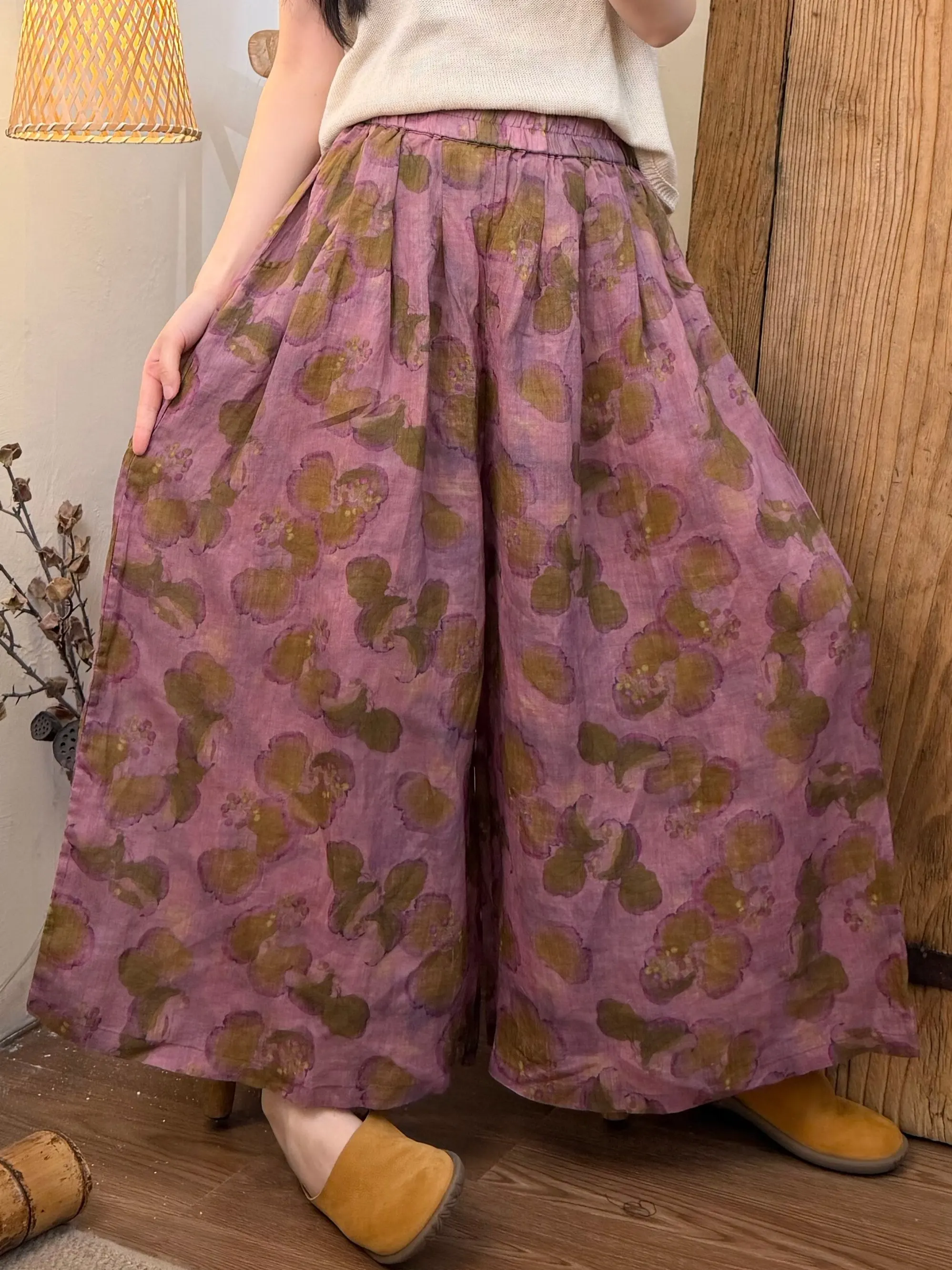 Retro Artistic Print Wide Leg Lantern Pants Women's Summer New Elastic High Waist Slimming Loose Casual Skirt Pants