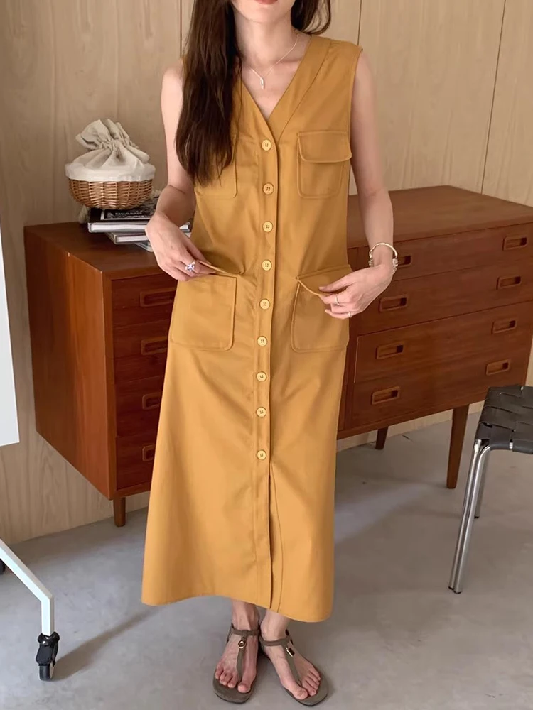 Liangliang Retro Workwear เสื้อกั๊ก Dr ผู้หญิงฤดูร้อนใหม่ Elegance V-ne Svel ยาว Dr Multi-ket เดินทางเอวสูง