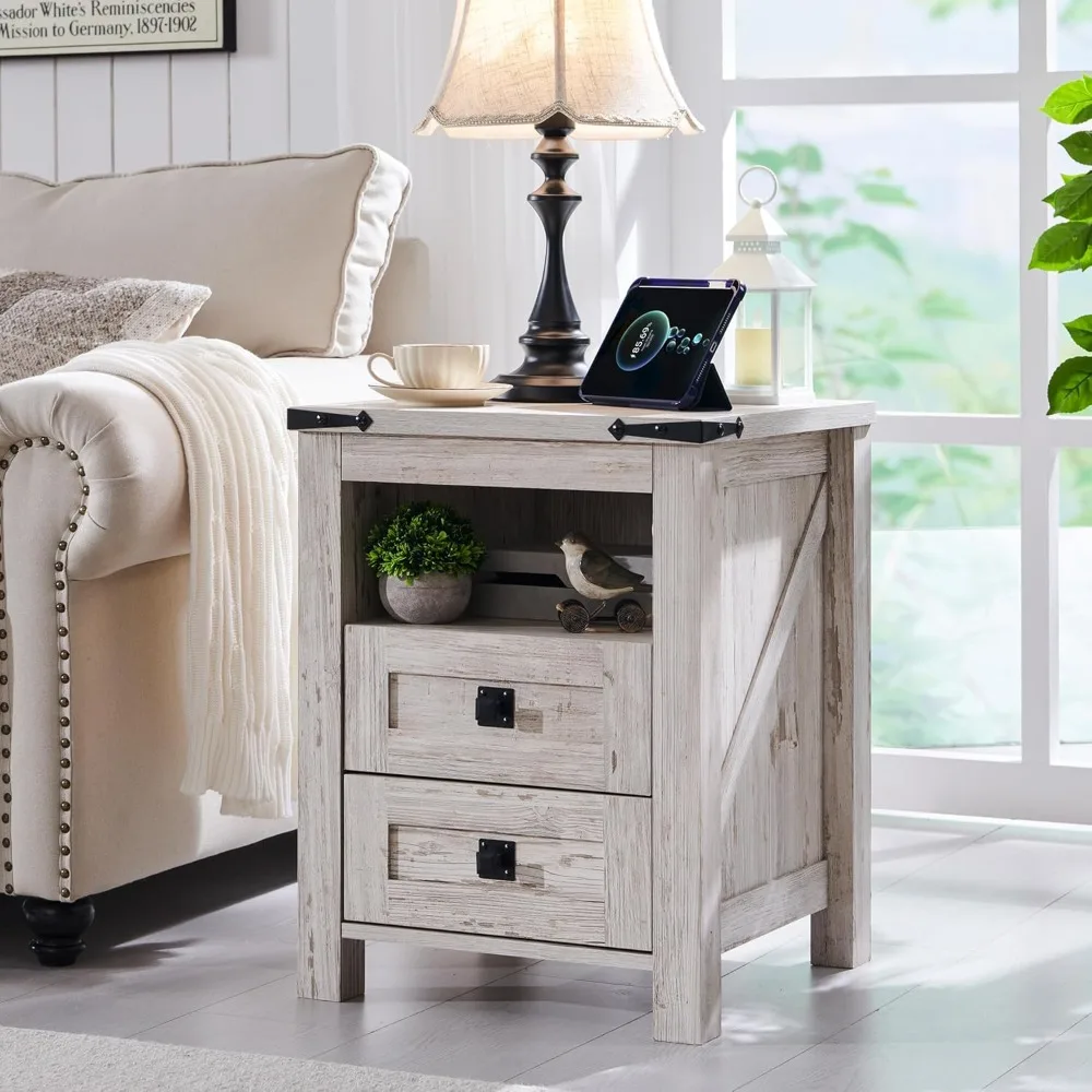 

Nightstand Wtih Charging Station, End Table, Side Table with 2 Drawers Storage Cabinet for Bedroom, Living Room,Farmhouse Design