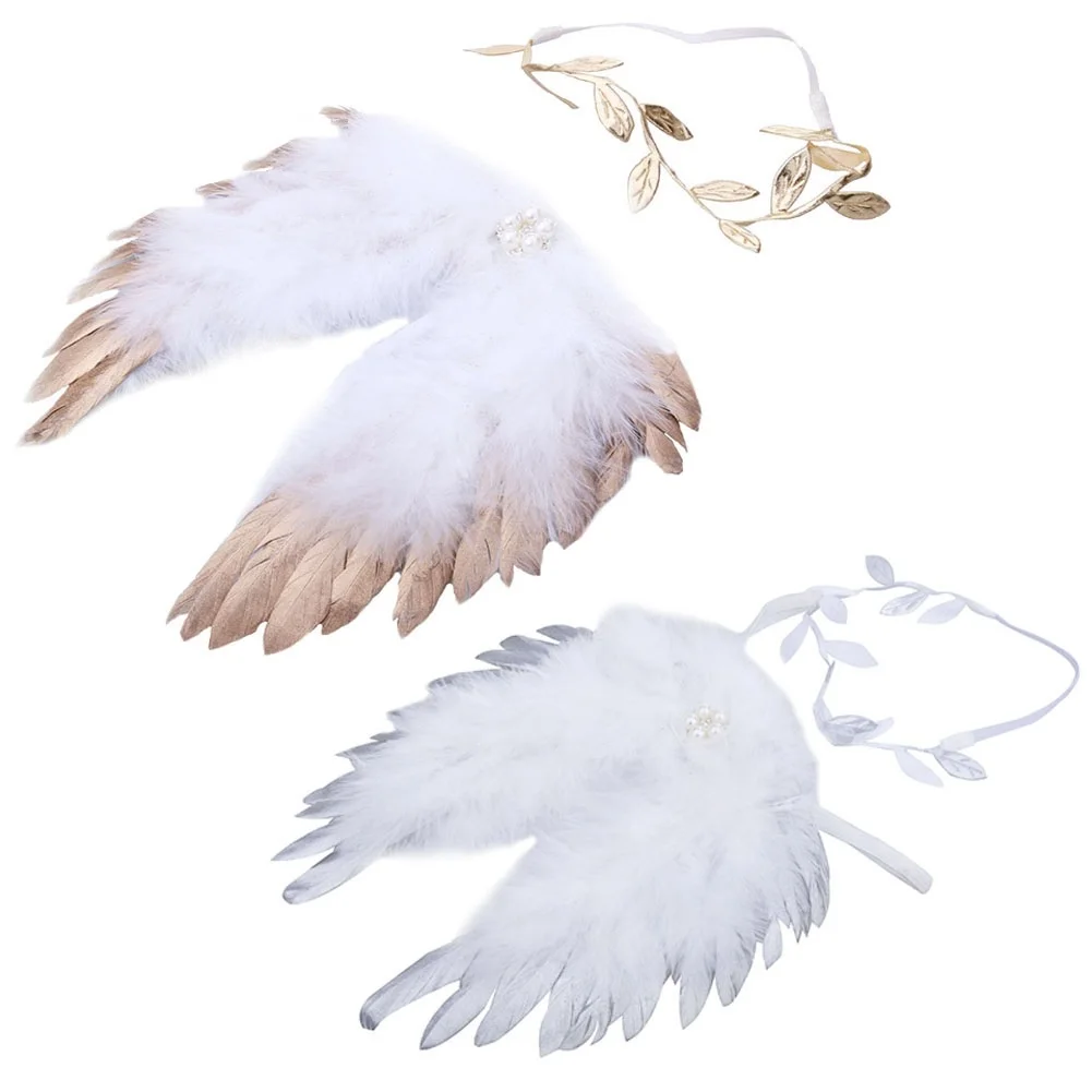 

2pcs/set Golden Silver Angel Feather Wings with Leaves Headband Baby Girls Birthday Gifts Photography Props Children Accessories