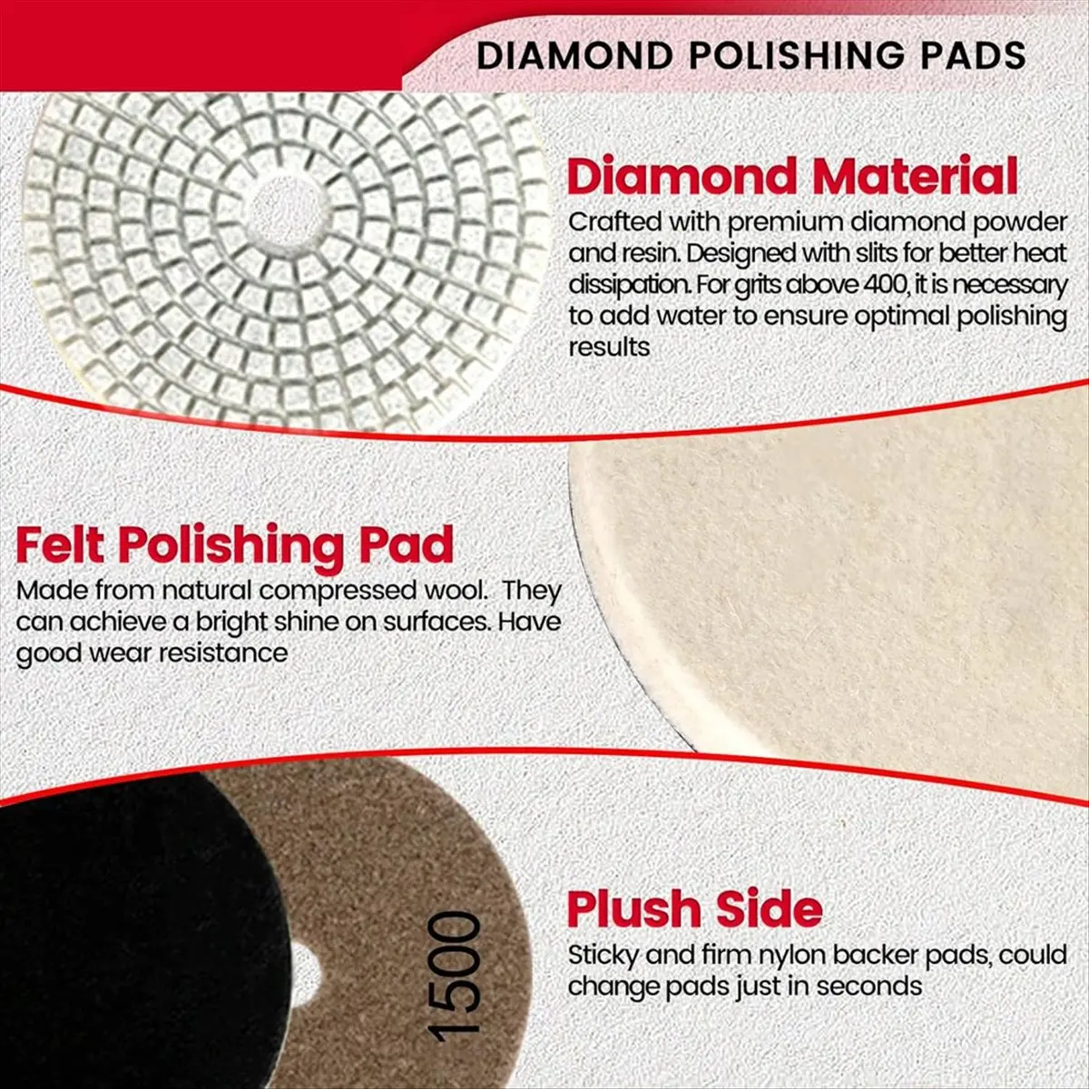 

HITL 15PCS 4 Inch Diamond Polishing Pads Set, for Drill, Grinder, Polisher, Wet/Dry Polishing Kit with 5/8inch-11 Backer Pad