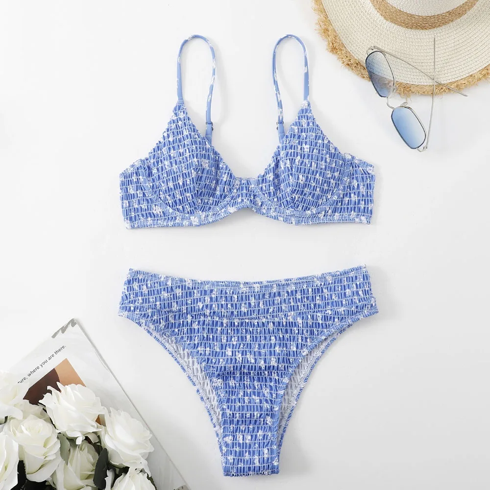 know Dream  High waisted solid color printed bikini New 2024 Women'S Floral Print Blue Patterned Bathers Bohemian Style Halter