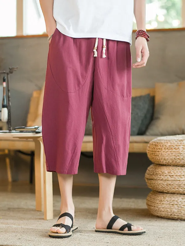 Loose Fit Linen Men's Harlan Casual Shorts Summer Fashion Thin Style Seven-Foot Pants Bright Thread mid Waist Cotton 100%