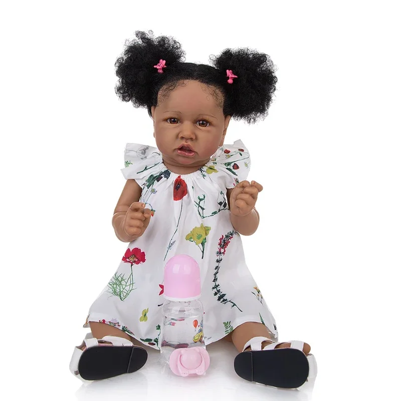 

57cm Handmade Reborn Baby Dolls Silicone Full Body Black Skin Fashion Fiber Hair Reborn Girl Doll Children's Day Gifts Lifelike