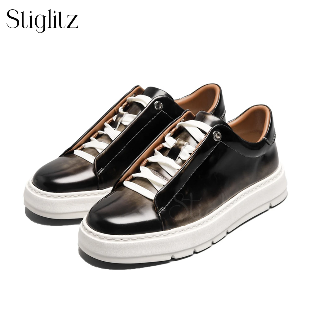 

Polished Leather Sneakers Handmade Haute Couture Casual Shoes for Men Trendy Style Amber Patent Leather Lace Up Daily Sneakers