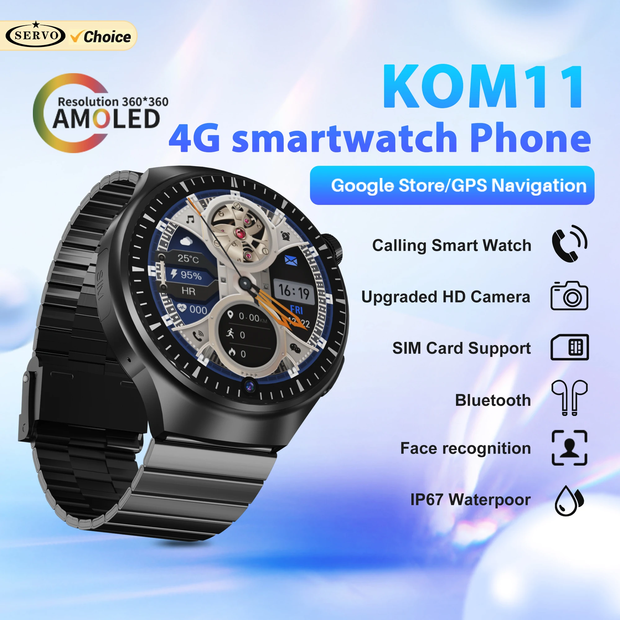 SERVO KOM11 Android Smart Watch Phone 4G LTE 2GB+32GB Face ID Google Play WiFi Waterproof Smartwatch Cellphones One SIM Standby