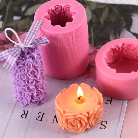 

Crafts Candle Dinner Romantic DIY Rose Relief Cylinder Silicone Candle Molds for Making Aroma Soy Wax Candle Mould Home Decor