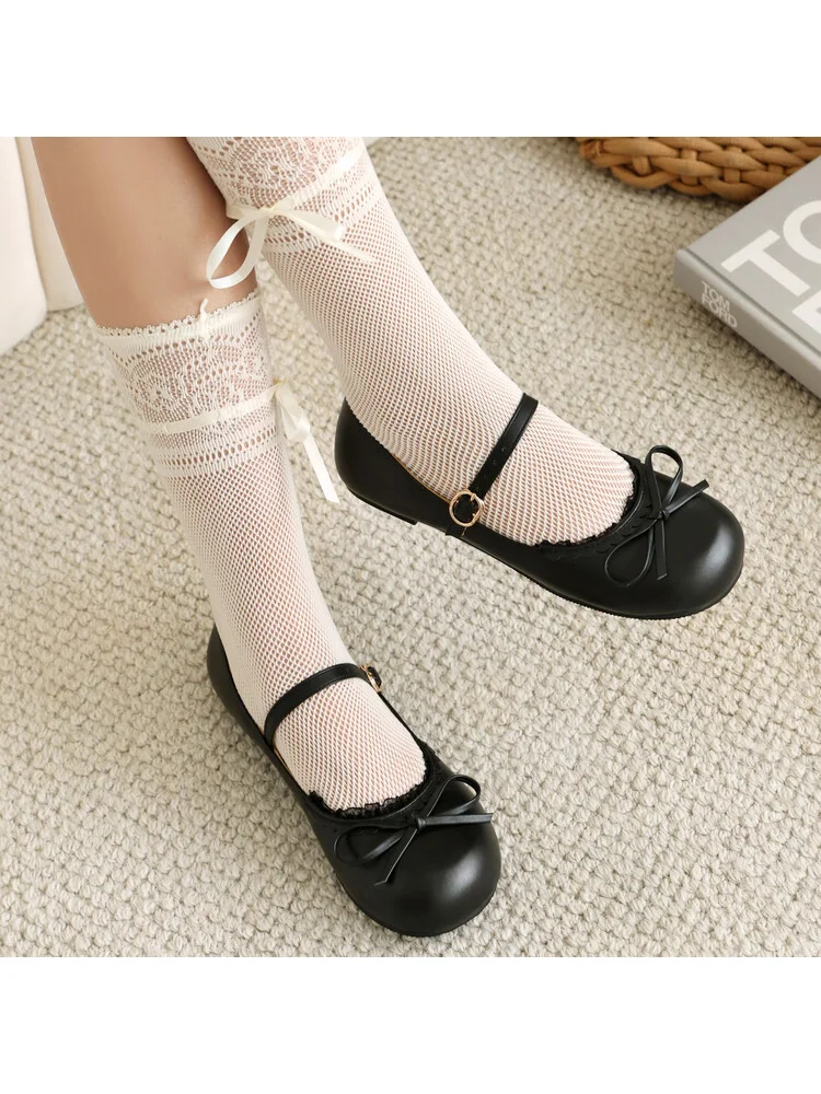 2025 ربيع/صيف جديد حذا فردي للسيدات رأس مستدير كعب مسطح لوليتا لطيف فتاة الوردي القوس طالب أحذية نسائية