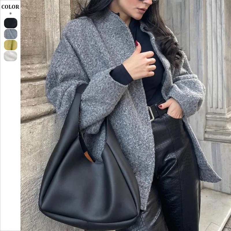 

Elegant Women Solid Coat Button Long Sleeve Pocket Bomber Jacket Autumn Winter Female Casual Loose Streetwear Coats