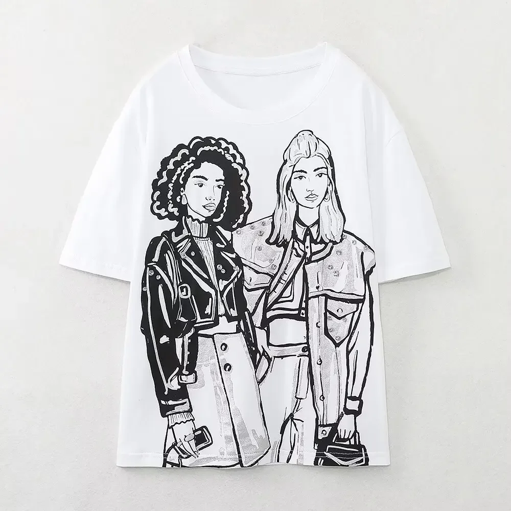 Tangada 2024 Summer Women Girl Print Cotton T Shirt Oversized Short Sleeve Ladies Casual Long Tee Shirt Wear Top TA20