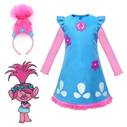 Kids T-Troll Cosplay Dress + Headwear Sets Movie Trollsing 3 T-Troll Girls Clothing Halloween Christmas Party Children Clothes